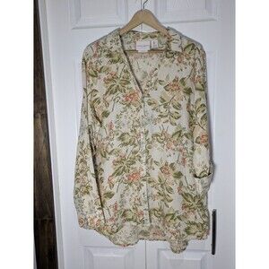 Laura Ashley Womens Floral Linen Button Up Tunic Top Size L Cottagecore